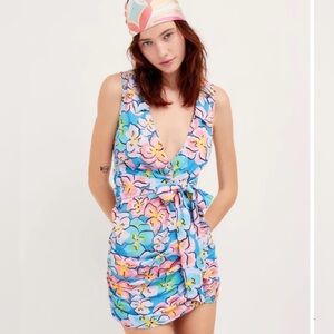 For Love & Lemons Yasmin Mini Dress Tropical Blue Pink Hawaiian Floral nwt